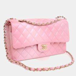 Pre Owned Chanel Medium Pink Lambskin Classic Double Flap Bag