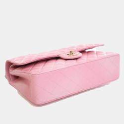 Pre Owned Chanel Medium Pink Lambskin Classic Double Flap Bag