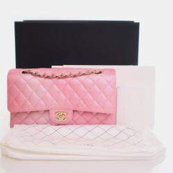 Pre Owned Chanel Medium Pink Lambskin Classic Double Flap Bag