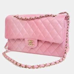 Pre Owned Chanel Medium Pink Lambskin Classic Double Flap Bag