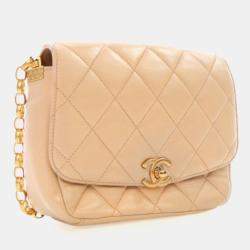 Pre Owned Chanel Beige Lambskin CC Coin Chain Flap Bag