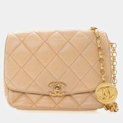 Pre Owned Chanel Beige Lambskin CC Coin Chain Flap Bag