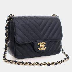 Pre Owned Chanel Mini Caviar Chevron Square Classic Flap Bag