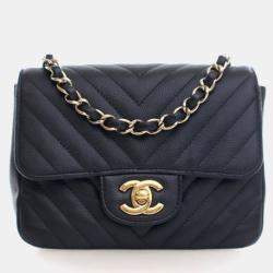 Pre Owned Chanel Mini Caviar Chevron Square Classic Flap Bag