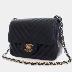 Pre Owned Chanel Mini Caviar Chevron Square Classic Flap Bag