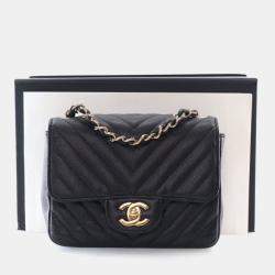 Pre Owned Chanel Mini Caviar Chevron Square Classic Flap Bag