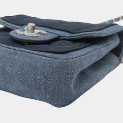 Pre Owned Chanel Blue Mini Square Bicolor Quilted Denim Medallion Flap