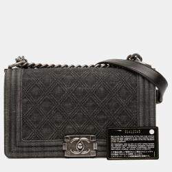 Pre Owned Chanel Grey Old Medium Quilted Denim Boy Flap