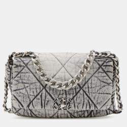 Pre Owned Chanel Grey Large Quilted Washed Denim 19 Flap