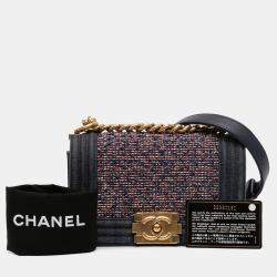 Pre Owned Chanel Blue Small Quilted Denim and Tweed Boy Flap