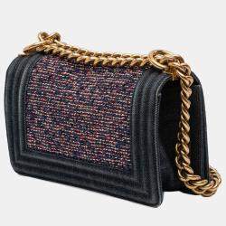 Pre Owned Chanel Blue Small Quilted Denim and Tweed Boy Flap