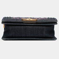 Pre Owned Chanel Blue Small Quilted Denim and Tweed Boy Flap