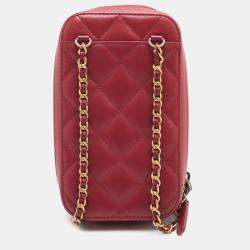 Pre Owned Chanel Red CC Quilted Lambskin Zip Phone Case