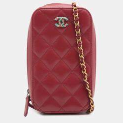 Pre Owned Chanel Red CC Quilted Lambskin Zip Phone Case
