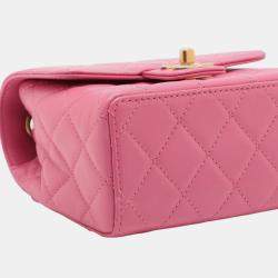 Pre Owned Chanel Pink Mini Square Classic Lambskin Single Flap