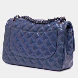 Pre Owned Chanel Blue Jumbo Classic Patent Double Flap
