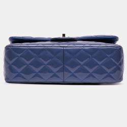 Pre Owned Chanel Blue Jumbo Classic Patent Double Flap