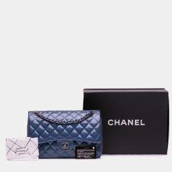 Pre Owned Chanel Blue Jumbo Classic Patent Double Flap