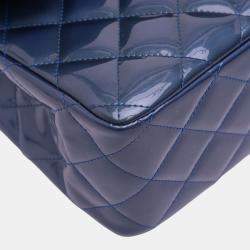Pre Owned Chanel Blue Jumbo Classic Patent Double Flap