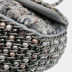 Pre Owned Chanel Grey Mini Quilted Tweed River of Pearls Flap
