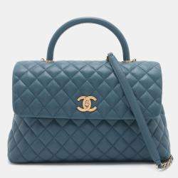 Pre Owned Chanel Blue Medium Quilted Caviar Coco Top Handle Bag