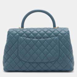 Pre Owned Chanel Blue Medium Quilted Caviar Coco Top Handle Bag