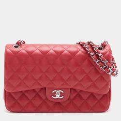 Pre Owned Chanel Red Jumbo Classic Lambskin Double Flap