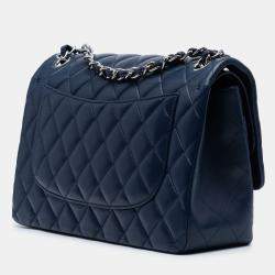 Pre Owned Chanel Navy Blue Jumbo Classic Lambskin Double Flap