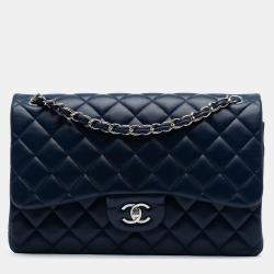 Pre Owned Chanel Navy Blue Jumbo Classic Lambskin Double Flap