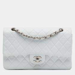 Pre Owned Chanel White Medium Classic Lambskin Double Flap