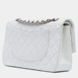 Pre Owned Chanel White Medium Classic Lambskin Double Flap