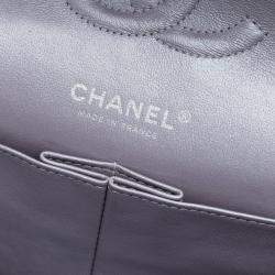 Pre Owned Chanel Silver Medium Classic Metallic Calfskin Double Flap