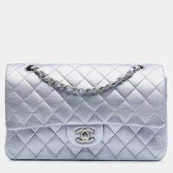 Pre Owned Chanel Silver Medium Classic Metallic Calfskin Double Flap