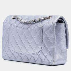 Pre Owned Chanel Silver Medium Classic Metallic Calfskin Double Flap