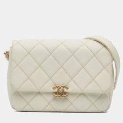 Pre Owned Chanel White Small Quilted Caviar Chain Melody Flap