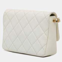 Pre Owned Chanel White Small Quilted Caviar Chain Melody Flap