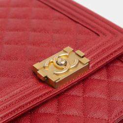 Pre Owned Chanel Red Quilted Caviar North South Boy Flap