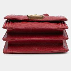 Pre Owned Chanel Red Quilted Caviar North South Boy Flap