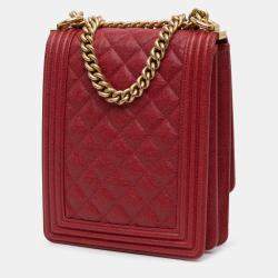 Pre Owned Chanel Red Quilted Caviar North South Boy Flap