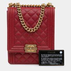 Pre Owned Chanel Red Quilted Caviar North South Boy Flap