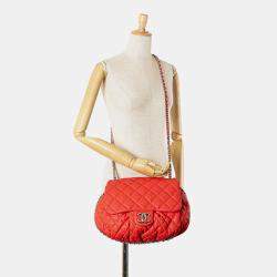 Pre Owned Chanel Red Large Quilted Lambskin Chain Around Flap