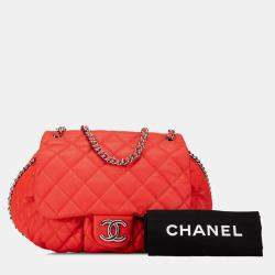 Pre Owned Chanel Red Large Quilted Lambskin Chain Around Flap