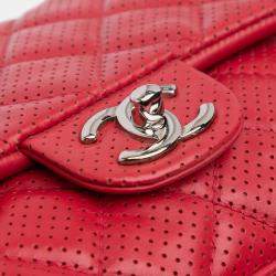 Pre Owned Chanel Red Medium Perforated Lambskin Punch Flap