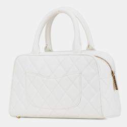 Pre Owned Chanel White CC Quilted Caviar Bowling Bag
