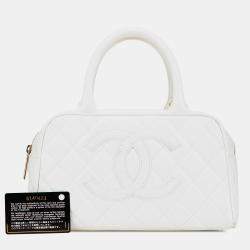 Pre Owned Chanel White CC Quilted Caviar Bowling Bag