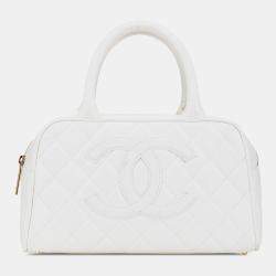 Pre Owned Chanel White CC Quilted Caviar Bowling Bag