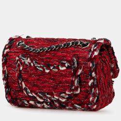 Pre Owned Chanel Red Medium Tweed Braided Charms Double Flap