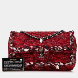 Pre Owned Chanel Red Medium Tweed Braided Charms Double Flap