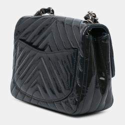 Pre Owned Chanel Navy Blue Mini Square Classic Chevron Patent Single Flap