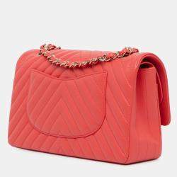 Pre Owned Chanel Red Medium Classic Chevron Lambskin Double Flap